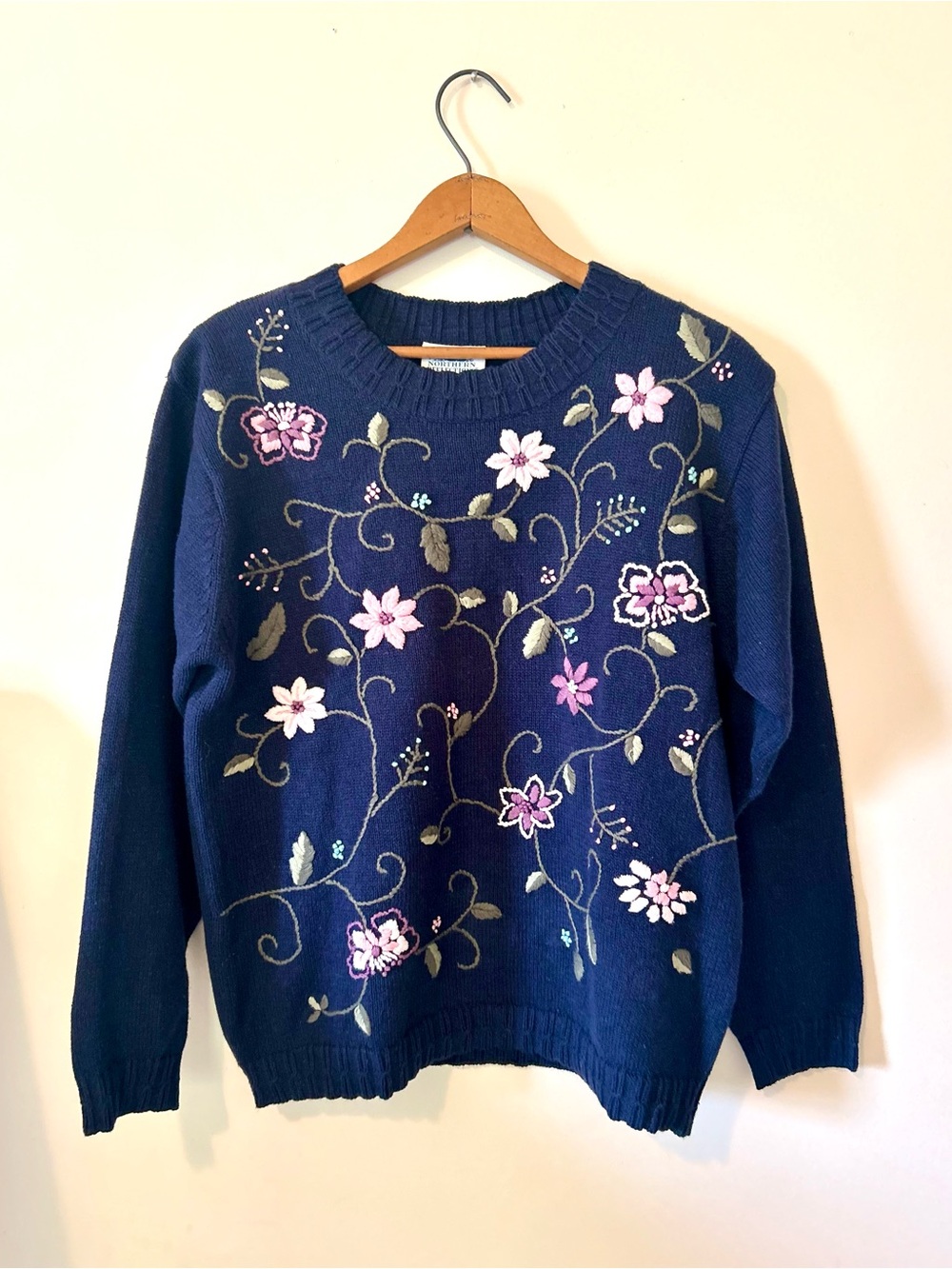Vintage Northern Reflections Embroidered Floral Ramie Cotton Sweater Botanical M
